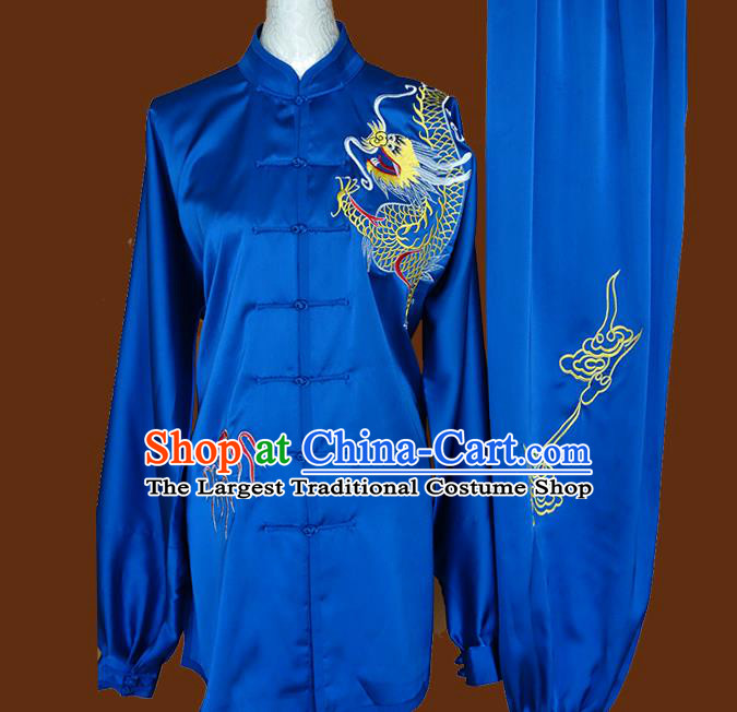 China Kung Fu Competition Blue Uniforms Tai Chi Group Performance Garment Costumes Wu Shu Embroidered Dragon Suits