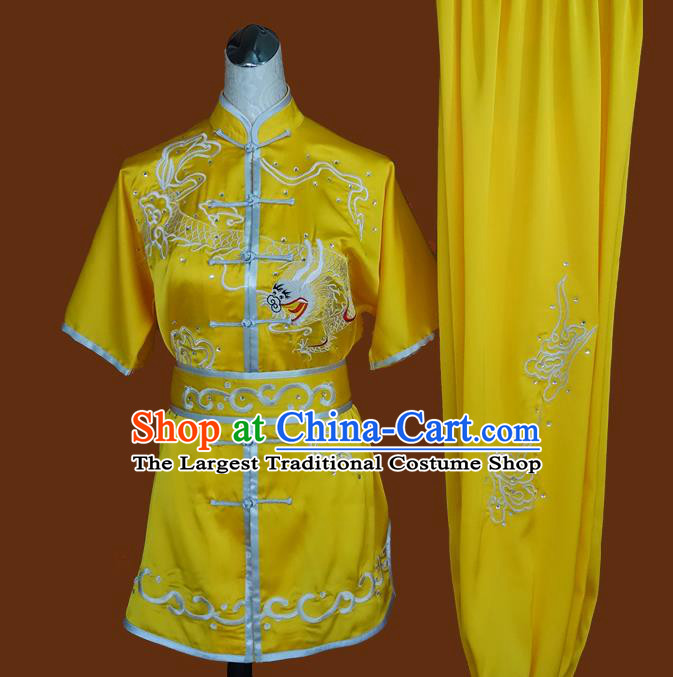 China Wu Shu Embroidered Dragon Yellow Suits Kung Fu Competition Uniforms Martial Arts Performance Garment Costumes