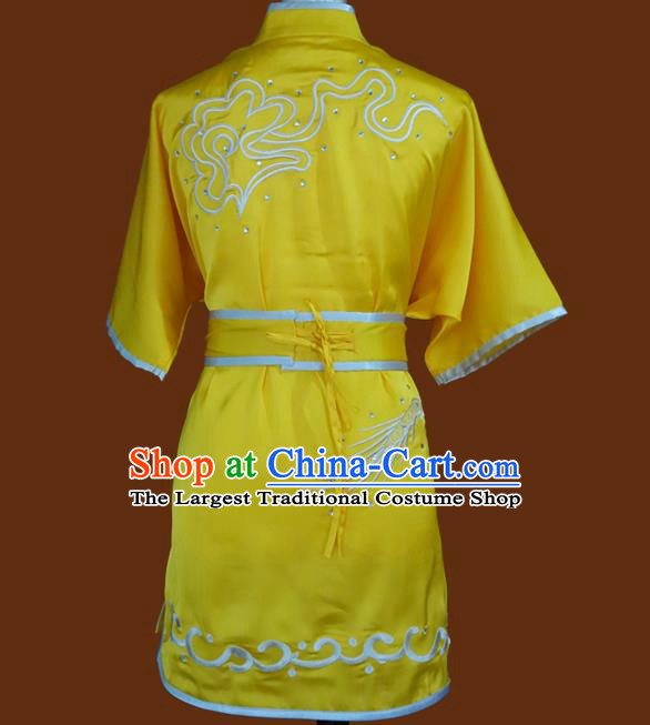 China Wu Shu Embroidered Dragon Yellow Suits Kung Fu Competition Uniforms Martial Arts Performance Garment Costumes