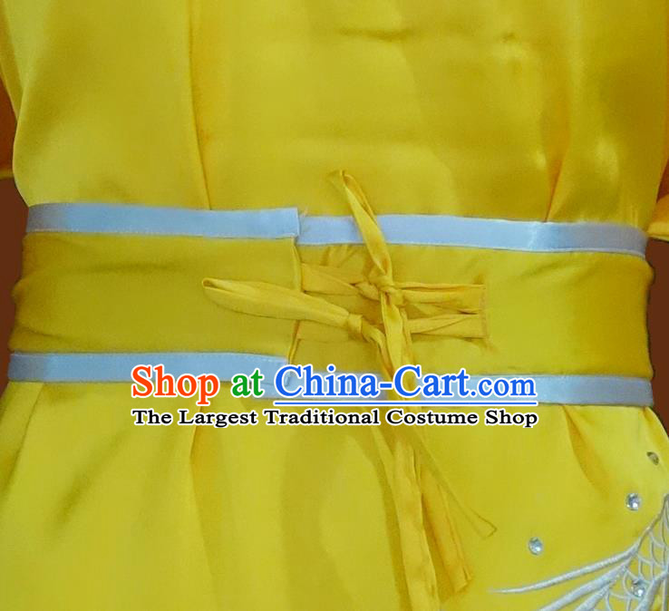 China Wu Shu Embroidered Dragon Yellow Suits Kung Fu Competition Uniforms Martial Arts Performance Garment Costumes