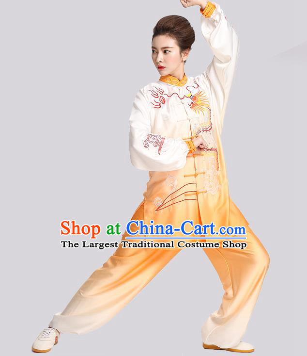 Chinese Tai Chi Kung Fu Gradient Orange Suits Martial Arts Competition Embroidered Dragon Outfits Tai Ji Training Clothing
