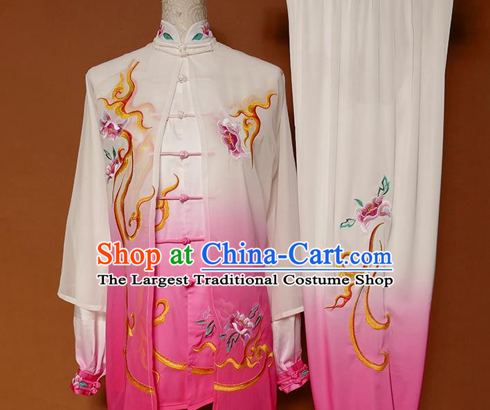 China Tai Chi Training Embroidered Peony Clothing Kung Fu Performance Rosy Outfits Martial Arts Tai Ji Competition Suits