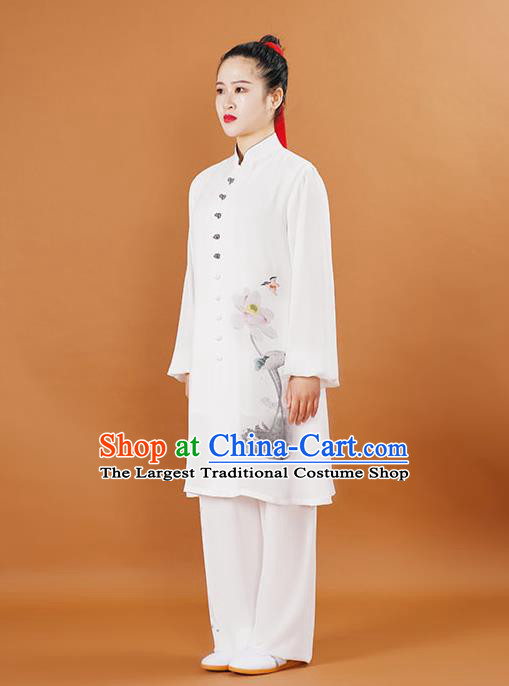 China Kung Fu Performance White Outfits Martial Arts Tai Ji Competition Suits Tai Chi Training Painting Lotus Clothing