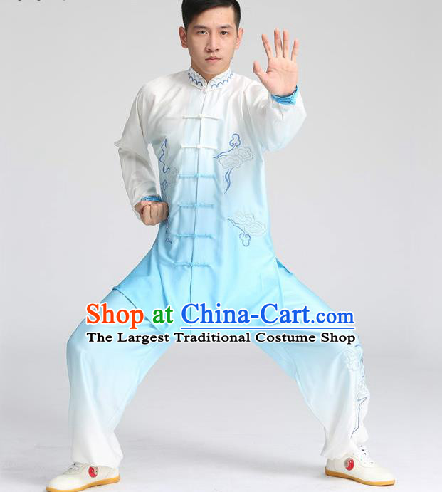 China Tai Chi Competition Embroidered Gradient Blue Uniforms Martial Arts Garment Costumes Kung Fu Performance Suits