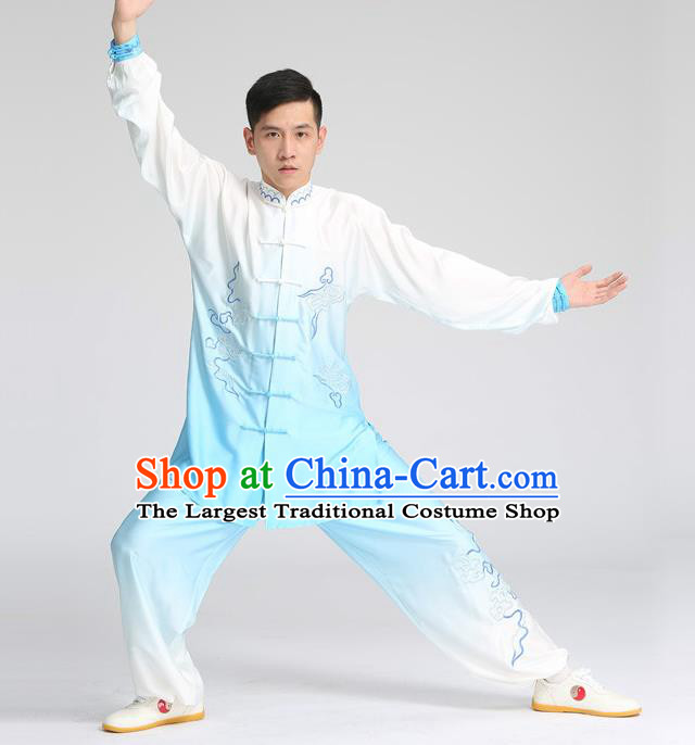 China Tai Chi Competition Embroidered Gradient Blue Uniforms Martial Arts Garment Costumes Kung Fu Performance Suits