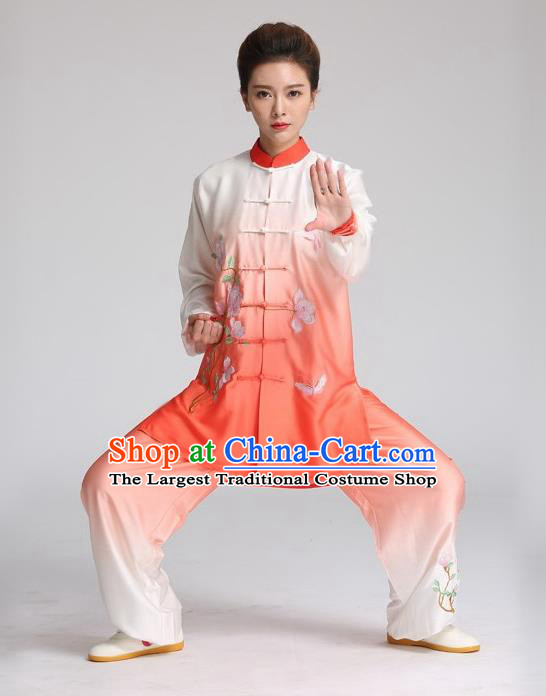 China Kung Fu Competition Outfits Martial Arts Tai Ji Performance Red Suits Tai Chi Training Embroidered Mangnolia Butterfly Clothing