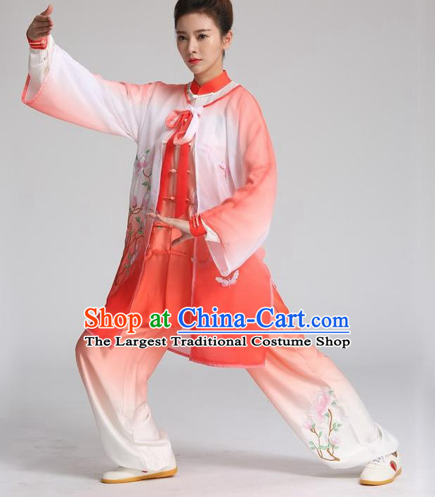 China Kung Fu Competition Outfits Martial Arts Tai Ji Performance Red Suits Tai Chi Training Embroidered Mangnolia Butterfly Clothing