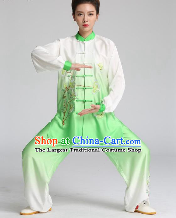 China Tai Chi Training Embroidered Mangnolia Butterfly Clothing Kung Fu Competition Outfits Martial Arts Tai Ji Performance Green Suits