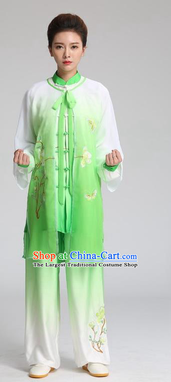 China Tai Chi Training Embroidered Mangnolia Butterfly Clothing Kung Fu Competition Outfits Martial Arts Tai Ji Performance Green Suits