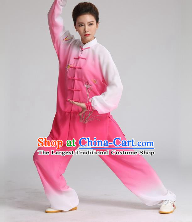 China Martial Arts Tai Ji Embroidered Orchids Rosy Suits Tai Chi Training Clothing Kung Fu Competition Outfits