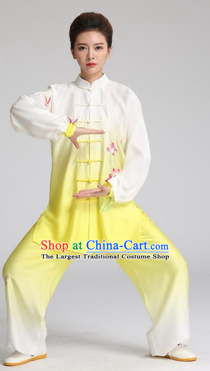 China Kung Fu Competition Outfits Martial Arts Tai Ji Embroidered Lotus Yellow Suits Tai Chi Training Clothing