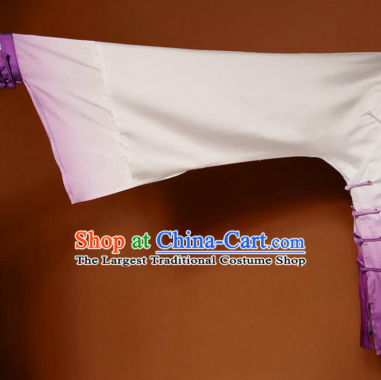 China Martial Arts Kung Fu Embroidered Flowers Clothing Tai Chi Group Competition Purple Outfits Tai Ji Sword Performance Suits
