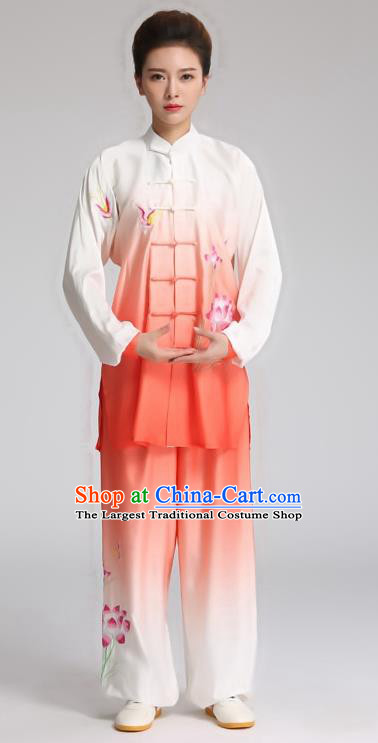 China Tai Chi Training Clothing Kung Fu Competition Outfits Martial Arts Tai Ji Embroidered Lotus Orange Suits