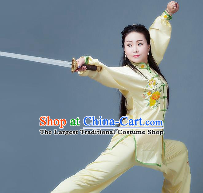 China Tai Chi Competition Yellow Outfits Tai Ji Sword Performance Suits Martial Arts Kung Fu Embroidered Peony Clothing