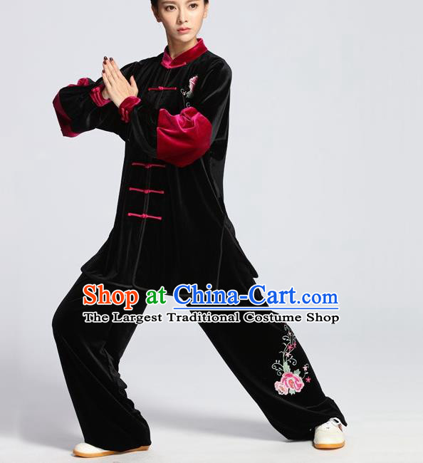 China Martial Arts Embroidered Rose Clothing Tai Chi Competition Outfits Tai Ji Sword Performance Black Velvet Suits