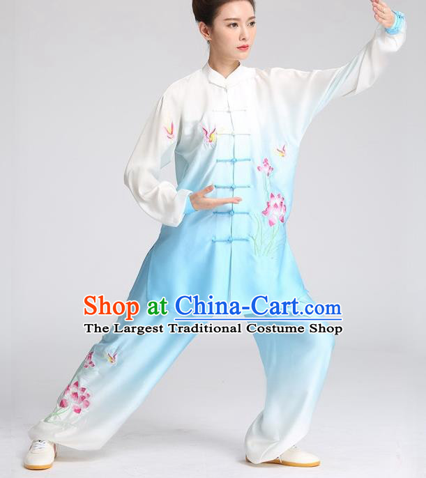 China Tai Ji Training Embroidered Lotus Blue Suits Tai Chi Martial Arts Clothing Kung Fu Competition Outfits