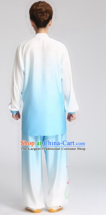 China Tai Ji Training Embroidered Lotus Blue Suits Tai Chi Martial Arts Clothing Kung Fu Competition Outfits