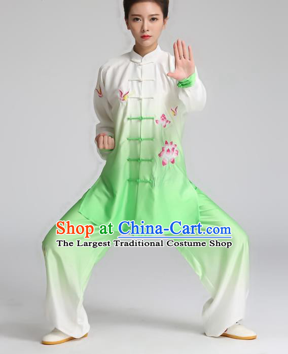 China Kung Fu Competition Outfits Tai Ji Training Embroidered Lotus Green Suits Tai Chi Martial Arts Clothing
