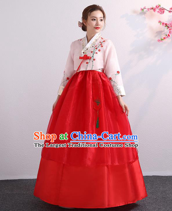 Korean Palace Princess Embroidered Pink Blouse and Red Dress Traditional Wedding Outfits Asian Bride Dress Korea Ancient Court Garment Costumes