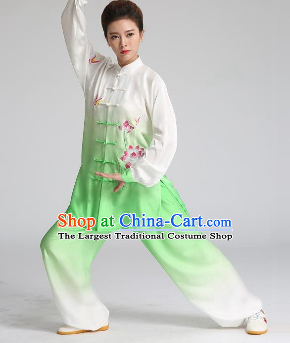 China Kung Fu Competition Outfits Tai Ji Training Embroidered Lotus Green Suits Tai Chi Martial Arts Clothing