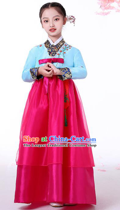 Korea Girl Birthday Embroidered Blue Blouse and Rosy Dress Korean Children Performance Garment Costumes Asian Traditional Hanbok Clothing