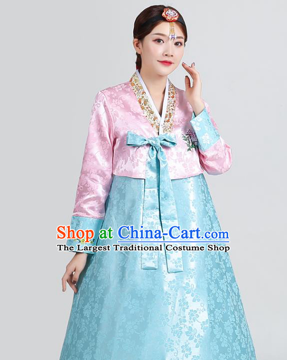Asian Korea Dance Clothing Korean Ancient Court Garment Costumes Embroidered Pink Blouse and Blue Dress Traditional Wedding Hanbok Uniforms