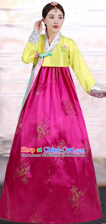 Asian Korea Ancient Court Dance Clothing Embroidered Yellow Blouse and Rosy Dress Korean Traditional Hanbok Uniforms