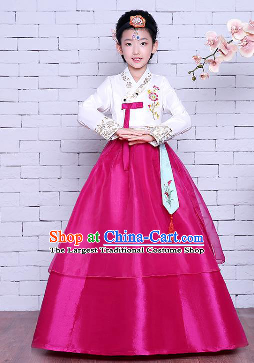 Korean Children Court Garment Costumes Asian Traditional Hanbok Clothing Korea Girl Princess Embroidered White Blouse and Rosy Dress