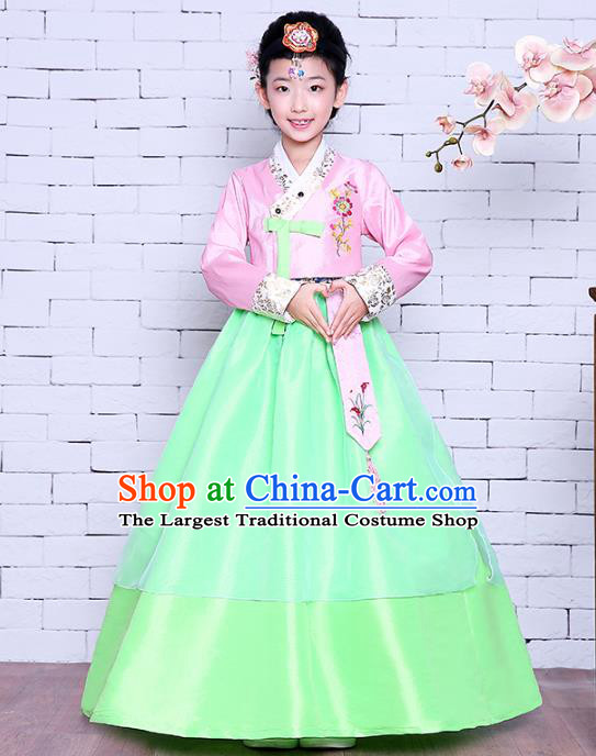 Asian Korean Children Court Garment Costumes Traditional Hanbok Clothing Korea Girl Princess Embroidered Pink Blouse and Green Dress