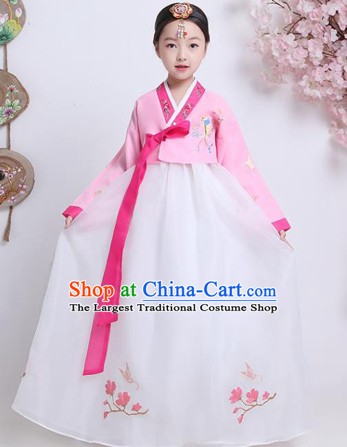 Korea Children Embroidered Pink Blouse and White Dress Asian Traditional Girl Hanbok Clothing Korean Court Princess Garment Costumes