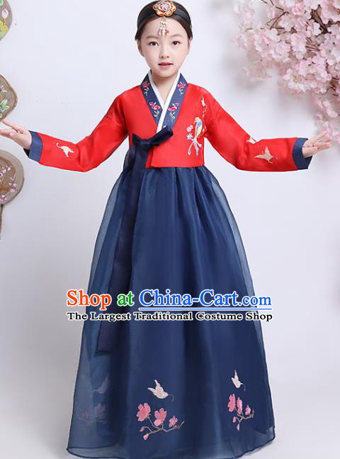 Asian Korea Court Princess Garment Costumes Children Embroidered Red Blouse and Navy Dress Korean Traditional Girl Hanbok Clothing