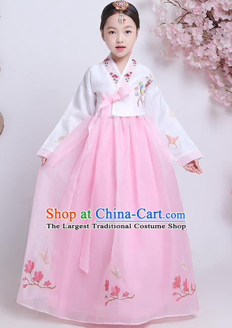 Asian Korea Children Embroidered White Blouse and Pink Dress Korean Traditional Girl Hanbok Clothing Court Princess Garment Costumes