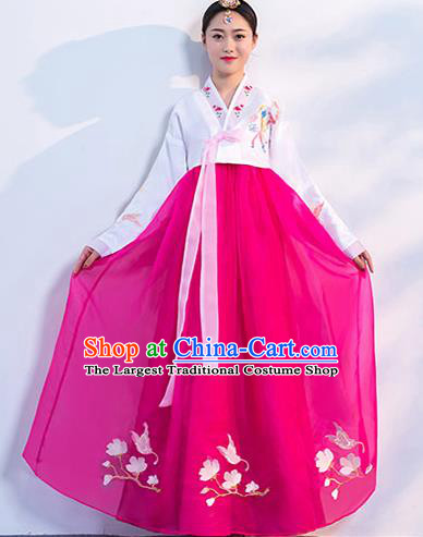 Asian Korean Embroidered White Blouse and Rosy Dress Korea Traditional Hanbok Uniforms Ancient Court Dance Clothing