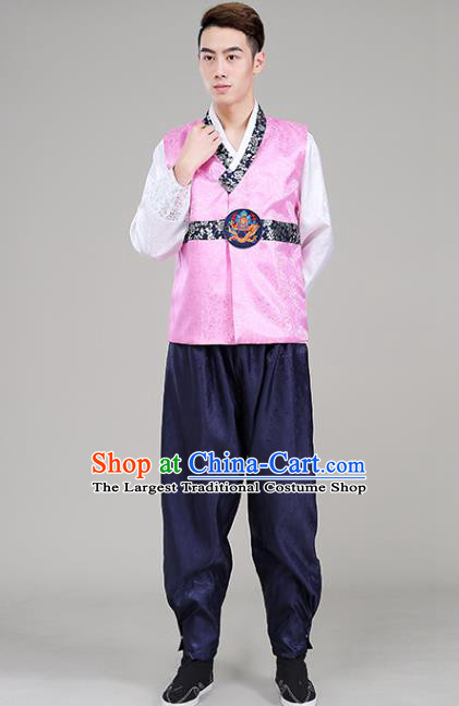Korea Traditional Male Wedding Hanbok Suits Court Clothing Korean Prince Pink Vest White Shirt and Navy Pants Costumes