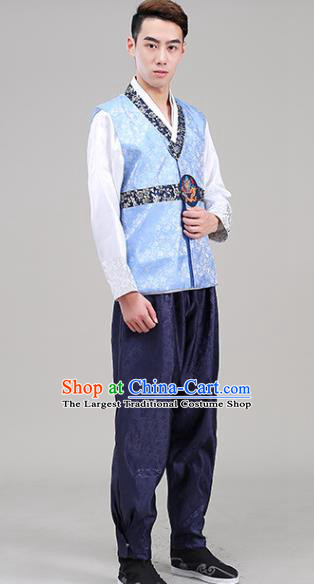 Korea Traditional Costumes Male Wedding Hanbok Suits Court Clothing Korean Prince Blue Vest White Shirt and Navy Pants