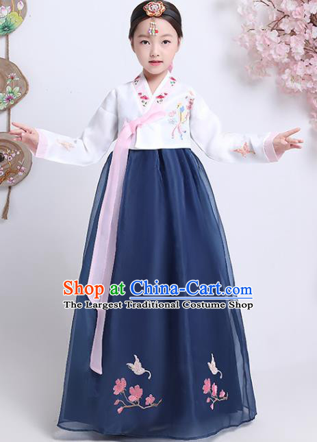 Korea Girl Embroidered White Blouse and Navy Dress Korean Traditional Hanbok Clothing Asian Court Princess Garment Costumes