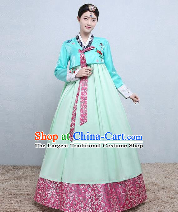 Korea Traditional Bride Fashion Garments Wedding Clothing Korean Classical Dance Blue Blouse and Light Green Dress Court Tangyi Hanbok