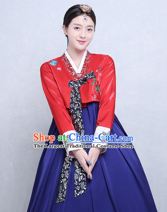 Korea Court Tangyi Hanbok Traditional Bride Fashion Garments Wedding Clothing Korean Classical Dance Red Blouse and Royalblue Dress