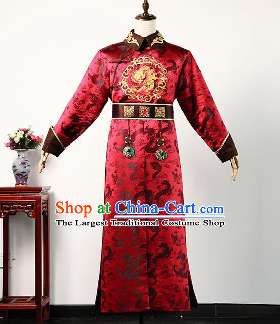 Chinese Ancient Emperor Clothing Story of Yanxi Palace Monarch Qianlong Red Imperial Robe Qing Dynasty Prince Casual Costume