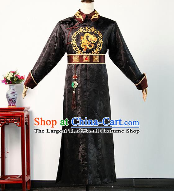 Chinese TV Story of Yanxi Palace Monarch Qianlong Black Imperial Robe Qing Dynasty Royal Highness Casual Costume Ancient Emperor Clothing
