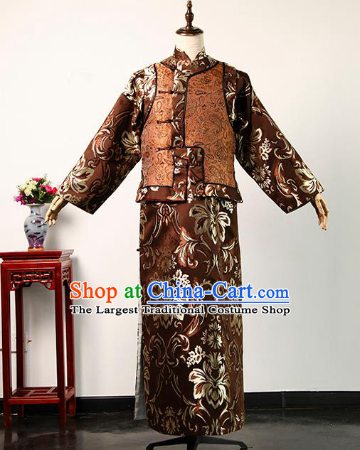 Chinese Ancient Shopkeeper Uniform Drama Teahouse Elderly Male Mandarin Jacket Robe Qing Dynasty Landlord Clothing