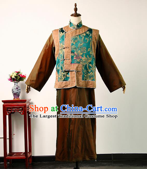 Chinese Qing Dynasty Landlord Clothing Ancient Shopkeeper Uniform Drama Teahouse Elderly Male Green Mandarin Jacket and Ginger Robe