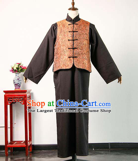 Chinese Drama Teahouse Elderly Male Orange Mandarin Jacket and Grey Robe Qing Dynasty Landlord Clothing Ancient Shopkeeper Uniform