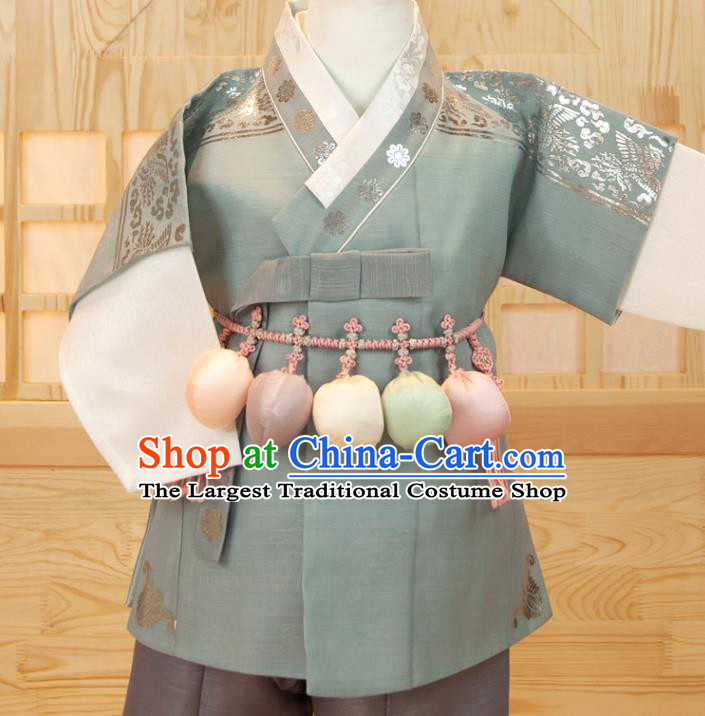Korean Traditional Fashion Clothing Green Vest White Shirt and Grey Pants Korea Children Garment Costumes Boys Birthday Hanbok