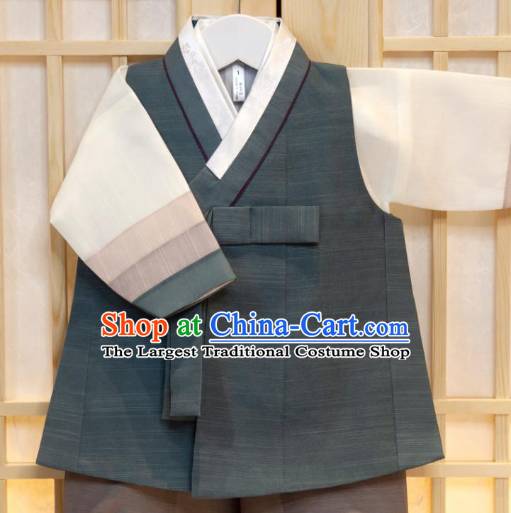Korea Traditional Fashion Clothing Atrovirens Vest Beige Shirt and Grey Pants Children Garment Costumes Korean Boys Prince Birthday Hanbok