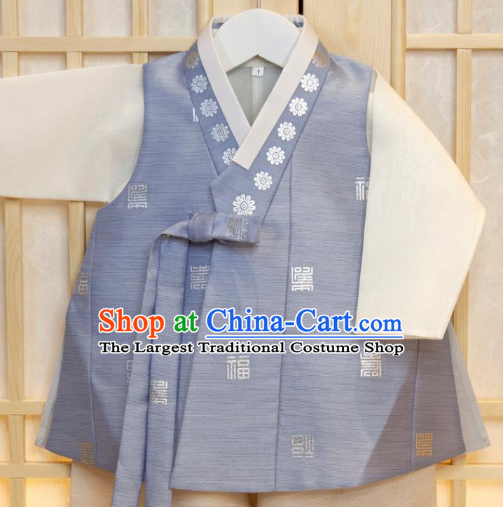 Korean Children Garment Costumes Boys Prince Birthday Hanbok Korea Traditional Fashion Clothing Blue Vest White Shirt and Beige Pants