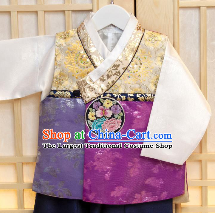 Korean Traditional Fashion Clothing Korea Children Garment Purple Vest White Shirt and Navy Pants Boys Prince Birthday Hanbok Costumes