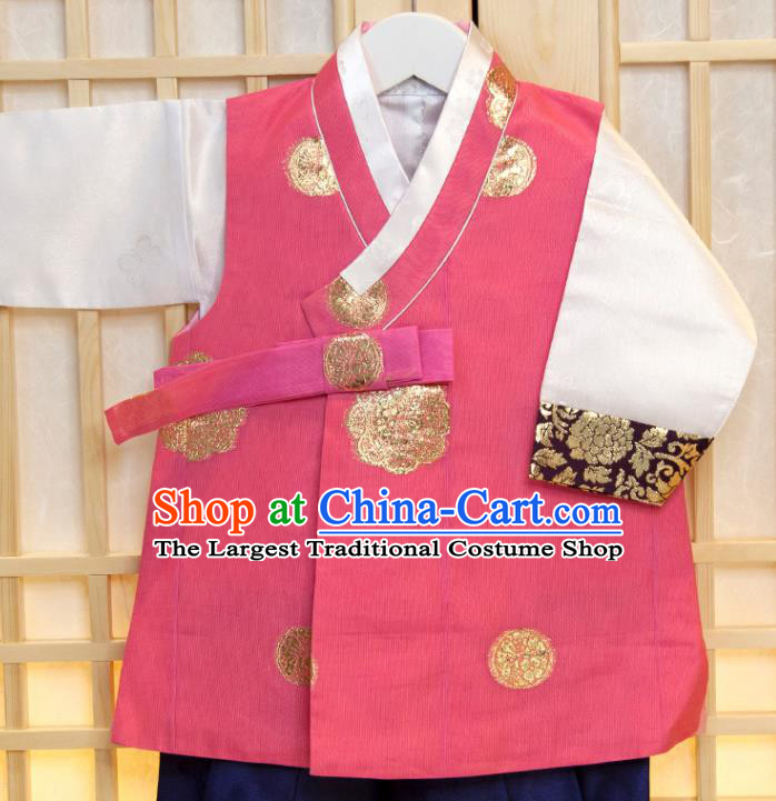 Korea Traditional Fashion Clothing Children Garment Pink Vest White Shirt and Navy Pants Korean Boys Prince Birthday Hanbok Costumes