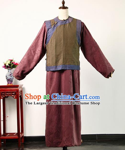 Chinese Drama Teahouse Mandarin Jacket Wine Red Robe Qing Dynasty Landlord Clothing Ancient Shopkeeper Uniform