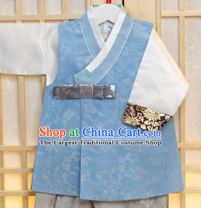 Korea Hanbok Clothing Korean Children Blue Vest White Shirt and Grey Pants Traditional Garment Costumes Boys Prince Birthday Fashion